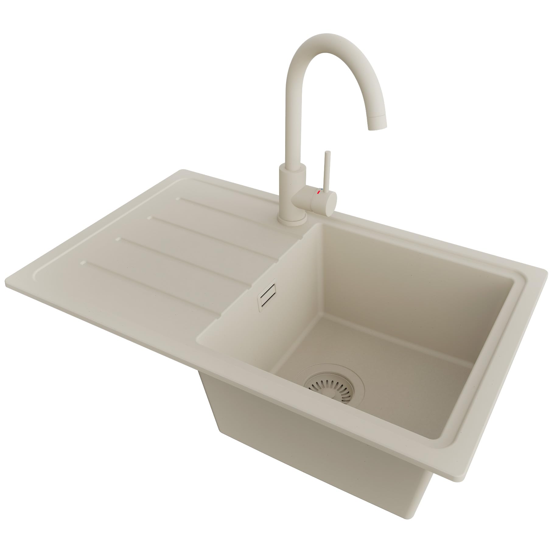 PRIMAGRAN Evier Cuisine en Granit Tout Beige 70x44cm, Lavabo 1 bac + Robinet 32x20cm + Kit de Vidage, Évier à Encastrer au Meuble 45cm - Copenhague Easy S052