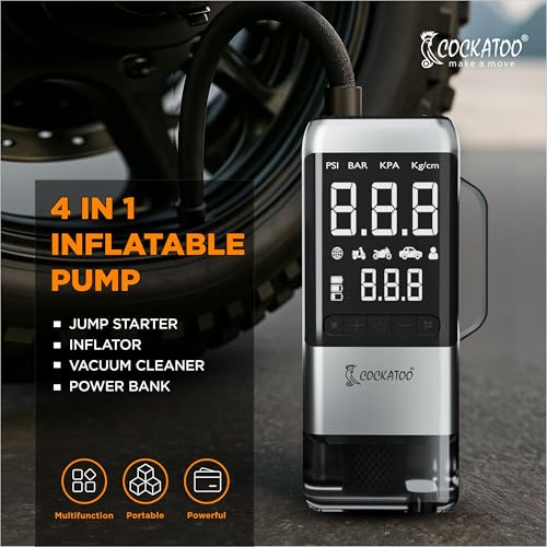 Image of Cockatoo ATJ-9366-V Portable Tyre Inflator & 8000mAh Car Jump Starter with Air Compressor, Vacuum Cleaner, LED Display, Emergency Light & USB Output - Supports 6.0L Gas /3.0L Diesel Engines