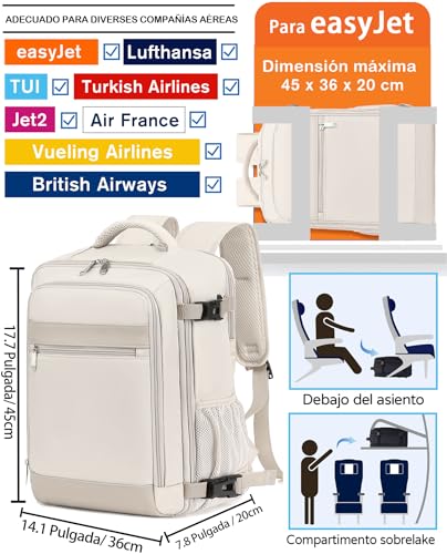KLOSTAIN Mochila Viaje Cabina Avion 45x36X20 para Easyjet 30L Mochila Cabina Equipaje de Mano Bolso Mochilas Hombre Mujer para Portatil de 15.6 Pulgadas Mochila de Viaje Trabajo Escuela Beige - imagen 2