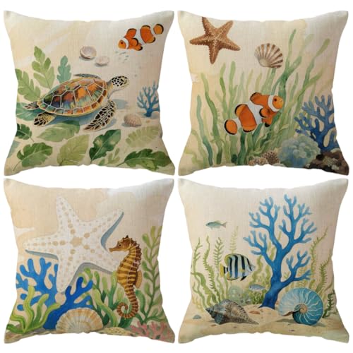 ULOVE LOVE YOURSELF Ocean Theme Coastal Pillowcases Sea Turtle-Sea Horse-Seashell-Octopus-Fish-Starfish-Coral Beach Decorative Cushion Cover 18”×18”,4Pack (Sea)