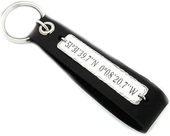 NadinArtDesign Custom Latitude Longitude Coordinates Engraved Leather Key Chain for Men - GPS Keychain - Personalized Birthday Gift - Modern Accessories