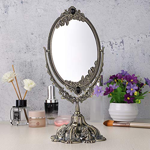 Juxyes Metal Tabletop Antique Decorative Makeup Mirror With Stand, Vintage Swivel Double Sided Cosmetic Mirror With Frame, Retro Desktop Oval Dressing Mirror For Bathroom Bedroom #TOP6