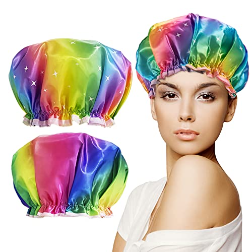 Shower Cap for Women Long Hair, 2 Pack Hair Cap Bonnet for Curly Hair Baby Sleep Cap Extra Large Shower Cap for kids Satin Hair Bonnet for Sleeping Double Layer Waterproof Reusable Shower Hat