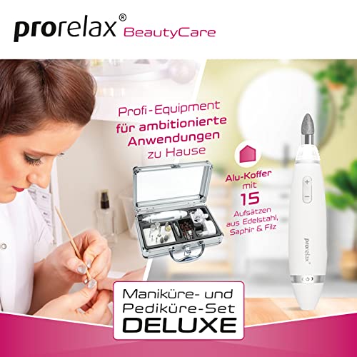 prorelax Maniküre- / Pediküre-Set DELUXE | Für Damen und Herren | Professionelle Hand- und Fußpflege für Zuhause und unterwegs | 15 hochwertige Aufsätze aus chirurgischem Stahl | Mit LED-Licht