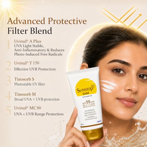 Image of Sunstop Gold Sunscreen Gel SPF 55 PA+++ | Broad Spectrum | Waterproof | Matte-finish Sunscreen | Gel-Based | Dermatologically Tested | Non-comedogenic | Hypoallergenic | Safe for Sensitive Skin | 50g