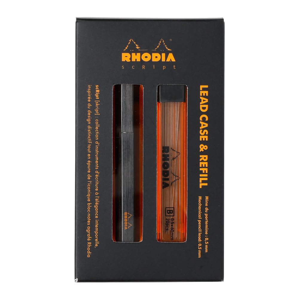 Rhodia 9358C scRipt case & refills - Hexagonal body in black brushed aluminium for 0.5 mm standard graphite leads - Refillable - scRipt Collection