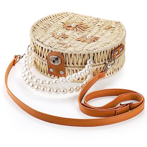 Handwoven Round Rattan Bag, 8" Straw Crossbody Bags with Adjustable Straps, Top Pearl Handle Wicker Tote Bag, Boho Summer Beach Basket Purse, Flower Woven Shoulder Bag for Women Lady3
