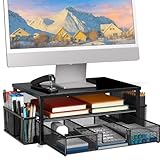 TempFoo Monitor Stand Riser, Office Desk Shelf, 2-Tier Metal Computer Stands Organiser, Home Desktop Organizer with Drawer and 2 Pen Holder - Laptop Monitors PS4 PC Printer Notebook Accessories Black