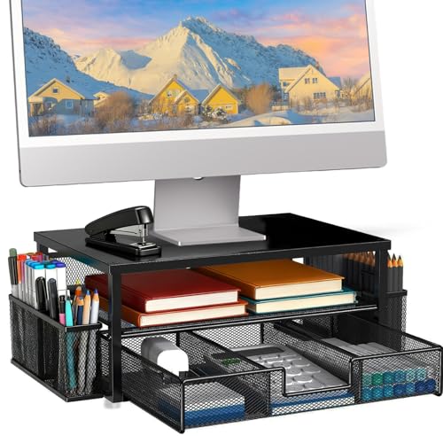 TempFoo Monitor Stand Riser Office Desk Shelf 2-Tier Metal Computer Stands Organiser Home Desktop Organizer with Drawer and 2 Pen Holder - for Laptop Monitors PC Printer Notebook Accessories Black