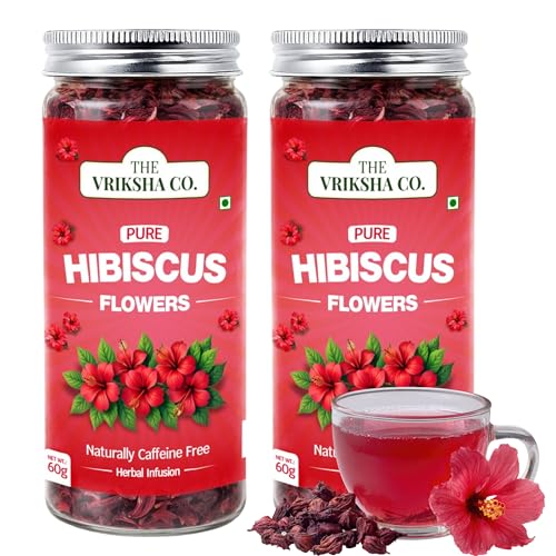 The Vriksha Co. Pure Hibiscus Tea Flowers | 120g | Hibiscus Tea | Naturally Caffeine Free | Supports Blood Pressure, Weight Management & Skin Glow | Brew Hot or Cold | No Additives, No Allergens | Reusable Jar | 200+ Cups | Pack of 2