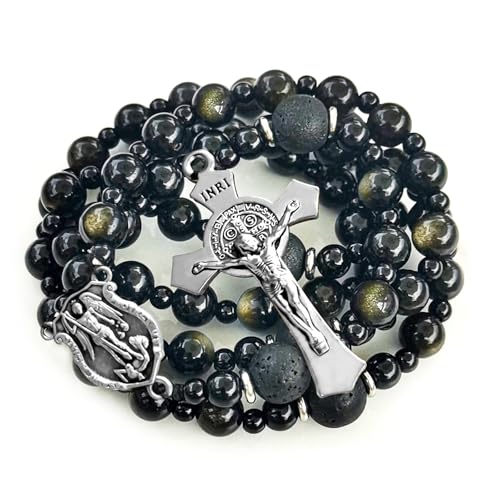 Saint Michael the Archangel Gold Sheen Obsidian Rosary Necklace,rosary beads catholic for men,Handmade of rosarios catolicos Cross Necklace Catholic Gifts