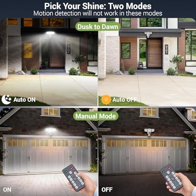 NOVOSTELLA Security Lights Motion Sensor Outdoor, 2Pack LED Flood Lights with Remote, Dusk to Dawn 45W 5000lm 5000K, 3 Heads Wired Wall Adjustable Floodlights, IP65 Waterproof for Garage Yard House