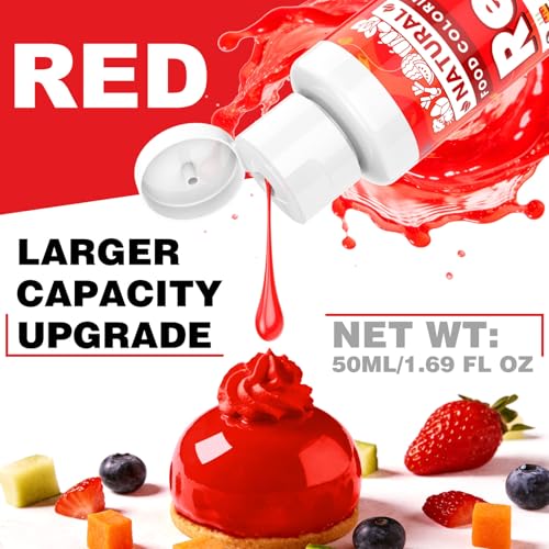 Image of Red Natural Food Coloring - 50ml Plant Based Food Dye, No FD&C & Artificial Dyes, Gluten-Free, Food-Grade, Vibrant Liquid Colors for Icing, Baking, Cake Decorating, Frosting, Fondant, Slime - 1.69 Fl.Oz Bottles
