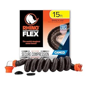 Camco RhinoFLEX 15-Ft Camper/RV Sewer Hose Kit – Features Clear Elbow Fitting w/Removable 4-in-1 Adapter – Connects to 3” Slip or 3”/3.5”/4” NPT Threaded Sewer Connection (39770)