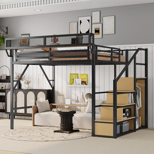 KEIKI Queen Size Metal Loft Bed Frame with Convertible Staircase,
