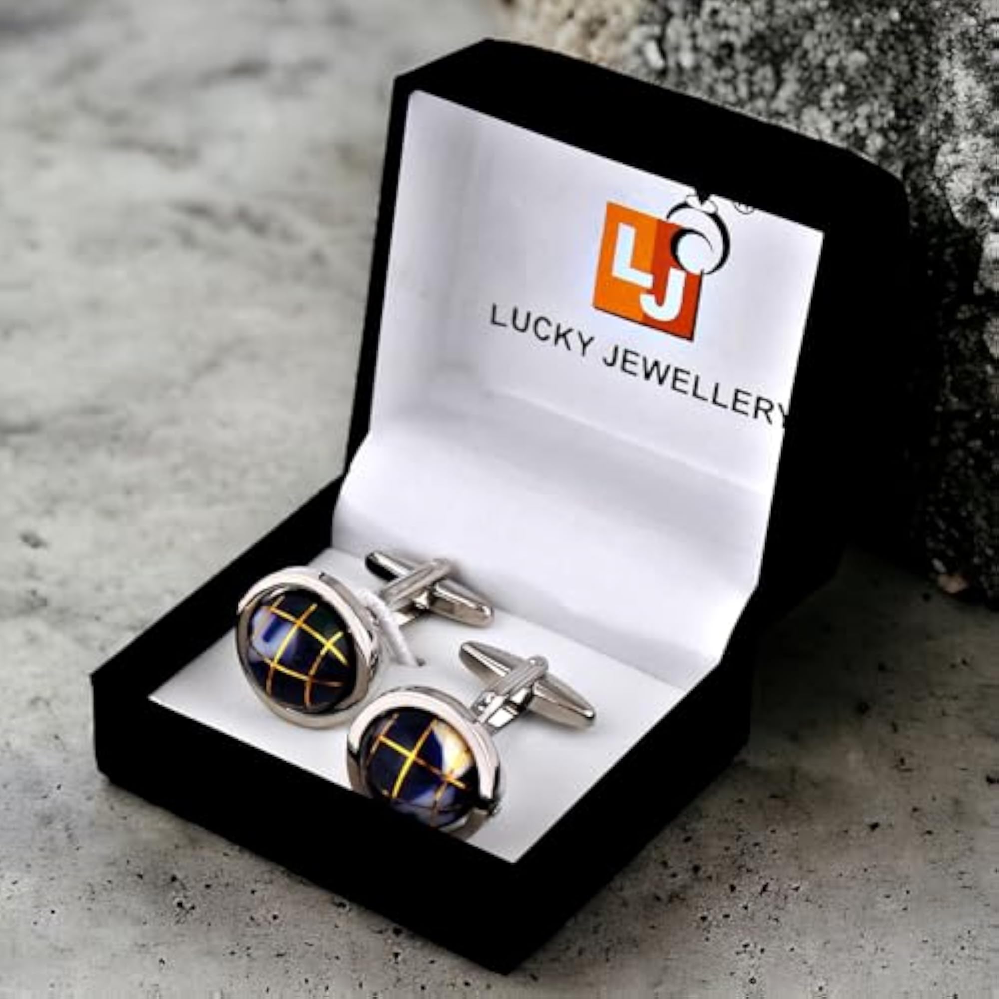Men's Silver Plated Blue Globe Design Cufflinks