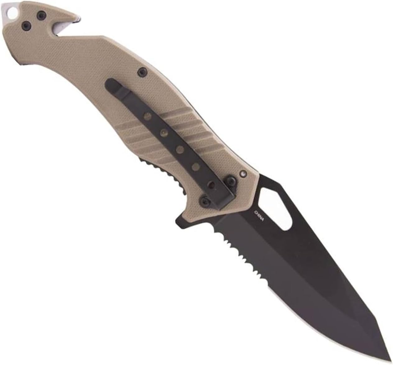 LA Police Gear LAPG EDC Folding Knife, Tactical Flipper Pocket Knife, Survival Knife With Seatbelt Cutter & Glass Breaker, Black Serrated/Tan Handle