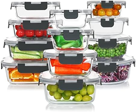 KOMUEE 24 Pieces Glass Food Storage Containers Set,Glass Meal Prep Containers Set with Lids-Stackable Airtight Glass Storage Containers with lids,BPA Free,Freezer to Oven Safe,Gray