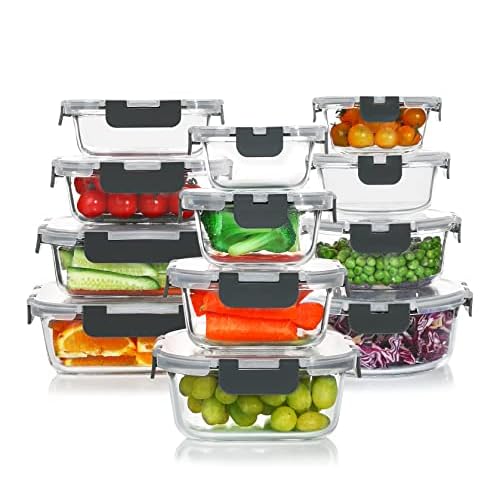 KOMUEE 24 Pieces Glass Food Storage Containers Set,Meal Prep Containers-Stackable Airtight Glass Storage Containers with lids,Freezer, Microwave, Oven Safe,Gray