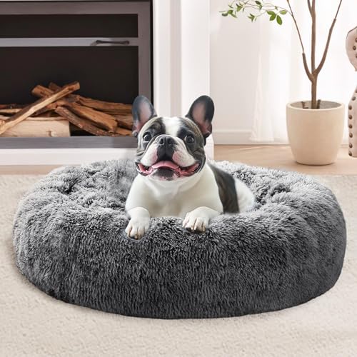 Image of JOLLYVOGUE Calming Small Dog & Cat Bed for Indoor Cats - 20 inches Washable Donut Bed for Kittens & Puppies, Anti-Anxiety Round Fluffy Plush Pet Beds (Fits up to 15 lbs, Smoke Black)