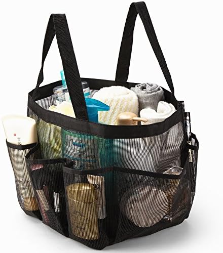 iPEGTOP Portable Mesh Shower Caddy, Quick Dry Shower Tote Hanging Bath & Toiletry Organizer Bag with 9 Storage Pockets, Double Handles for College Dorm, Travel, Gym & Camping, Black