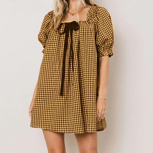 Image of Women Y2k Puff Sleeve Babydoll Dresses Square Neck Tie Back Mini Dress Summer Solid Off Shoulder Flowy Sundress