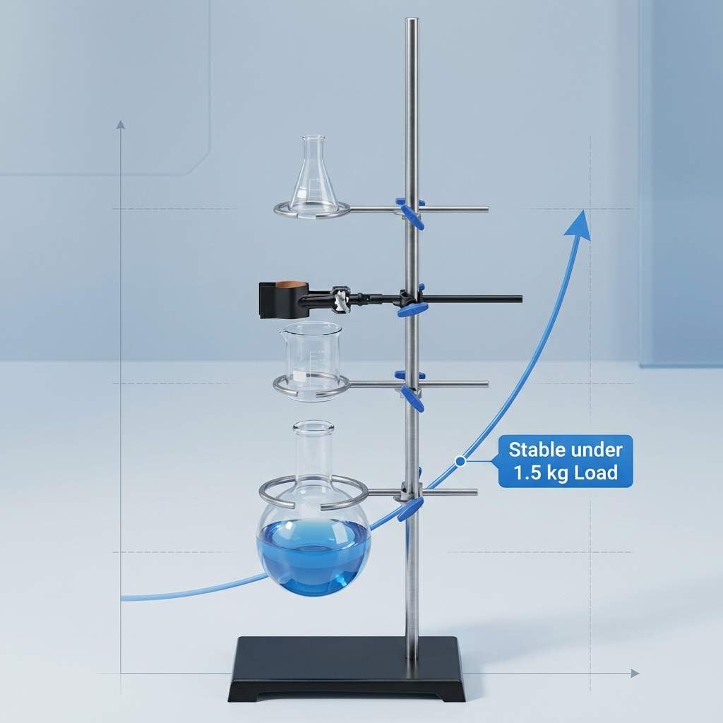 QWORK - Set di supporti per supporti da laboratorio per impieghi gravosi Base in ghisa (8,6"x 5,5" 3,3 libbre), asta (24"L), 2 anelli storta (diametro 2,4" / 3,5") e un morsetto per beuta