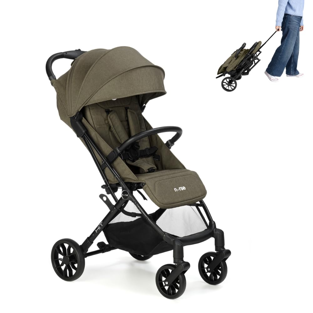 Nurse Hit Silla de Paseo Ligera hasta 22 kg, Plegado Compacto con Una Mano, Asa de Transporte, Respaldo Reclinado, Capota Extensible, Verde