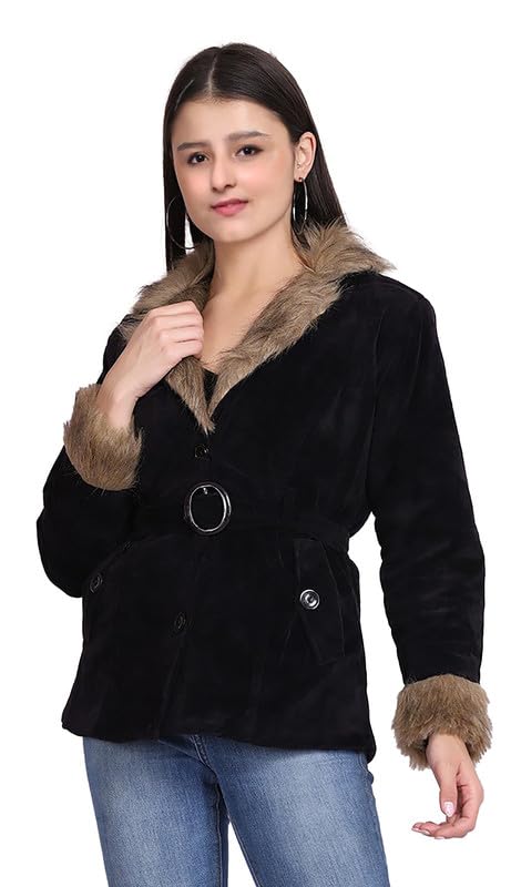 sky fly Women Fur Jacket with Belt-82 Black Small-picture-34