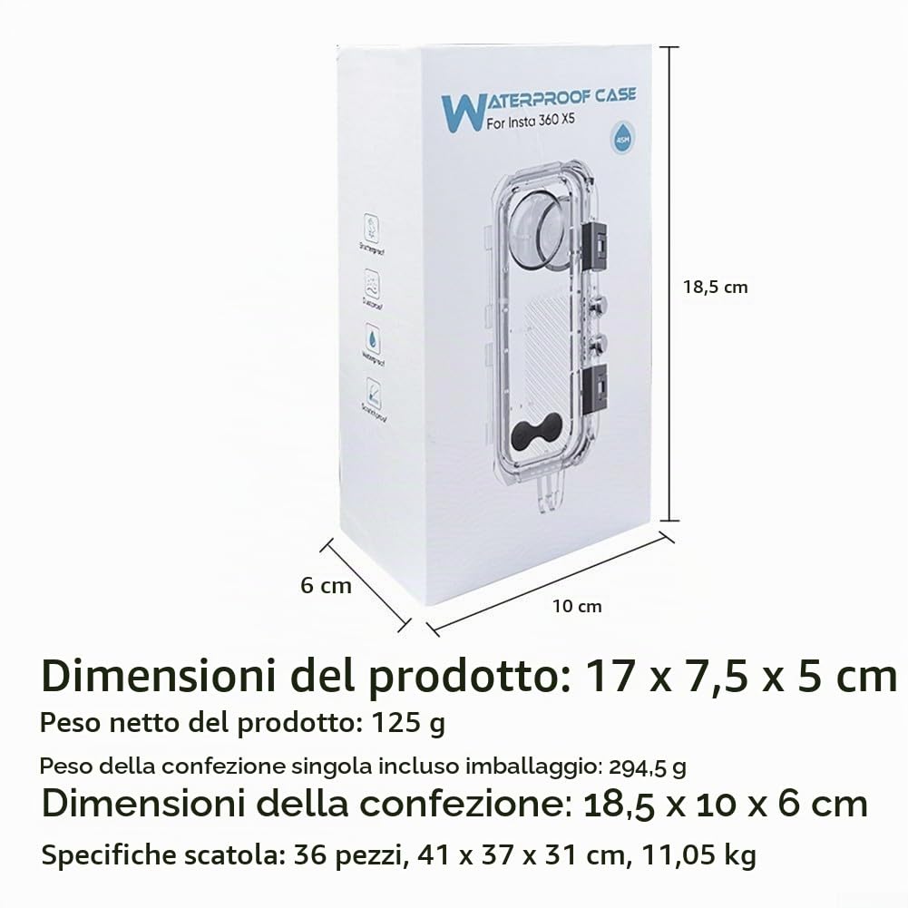 Custodia subacquea da 60 m per Insta360 per X5, custodia impermeabile in vetro temperato con adattatore da 1/4", custodia protettiva compatta per sott'acqua