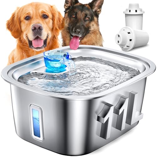Large Dog Water Fountain Stainless Steel, 3 Gallon Pet Water Fountain with Visual Window, Dog Water Dispenser Automatic Waterer Bowls for Drinking with 2 Filters for Cats, Dogs, Multiple Pets