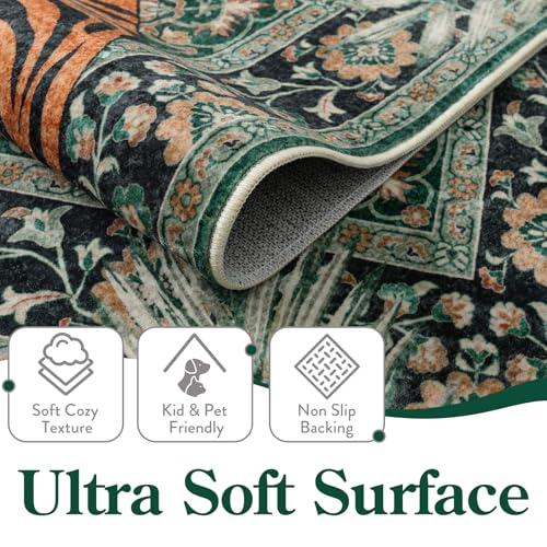 Moynesa Tiger 9x12 Washable Area Rug, Boho Green Rugs for Living Room, Non Slip Vintage Dining Room Rug, Botanical Ultra Thin Soft Stain Resistant Floor Carpet for Bedroom Home Office
