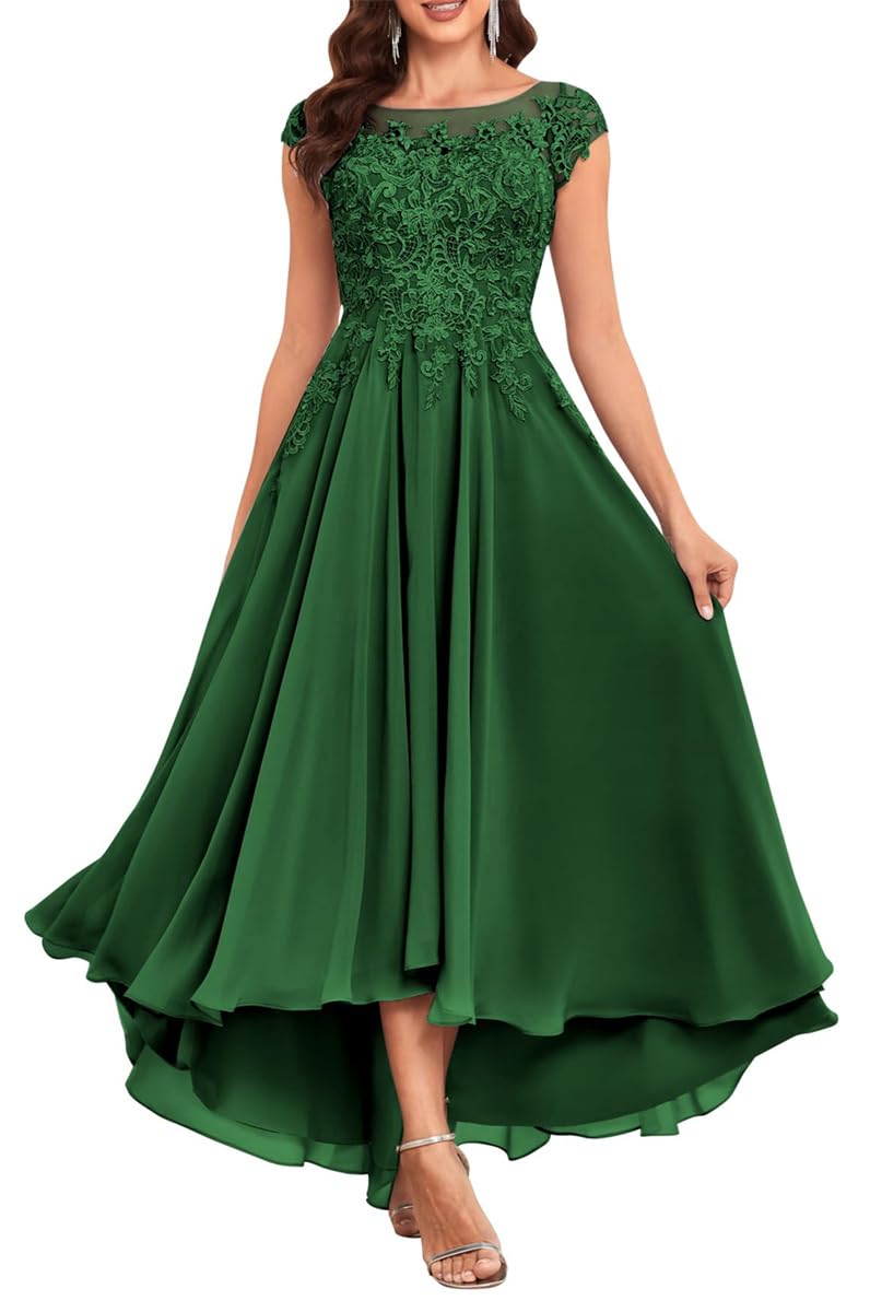 KURFACE Mother of The Bride Dresses with Sleeves Emerald Green Tea Length Long Lace Scoop Neck Formal Evening Gown UK12