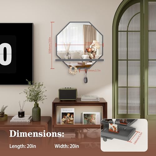 Image of BEAUTME 20x20 inch Octagon Wall Mirrors with Shelf and Hooks, Metal Framed Octagon Mirror for Entryway, Modern Farmhouse Decor Wall Mounted Mirror for Living Room Bedroom Entryway (Grey)