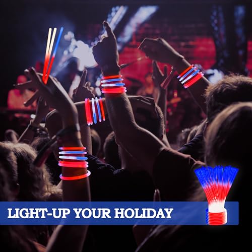 JOYIN 72 Pcs July 4th Glow Sticks Bulk with Connectors, Red White Blue 3 Colors In 1 Glow in The Dark Stick, Light Up Bracelets & Necklaces for Kids & Adults, Party Favor Supplies For Independence Day - image 5