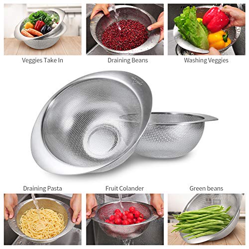 Kitchen Colander Set of 2, Stainless Steel Mesh Strainers Perforated Colander and Strainer with Heavy Duty Handles for Draining Pasta, Quinoa, Dishwasher Safe,3 Quart//Gift Box Included