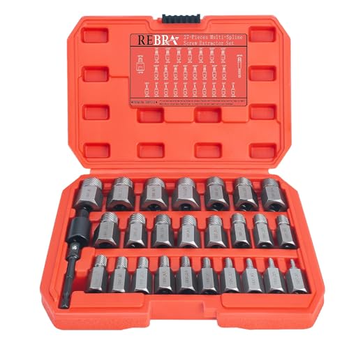 27-Piece Screw Extractor Set Impact Double-Head Bolt Remover Kit 3/8 Inch Hex Head Multi-Spline for Removing Stripped Rounded Damaged Broken Screws Bolts Studs