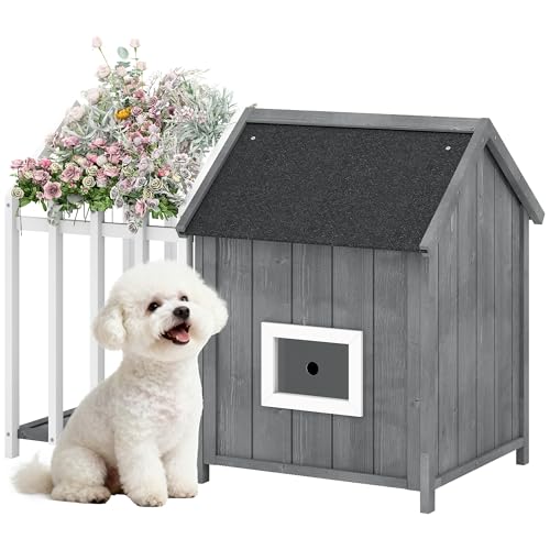 PawHut Niche pour Chien extérieur en Bois, avec terrasse et barrière, Maison Chien extérieur, Porte à lamelles et Toit Pointu en Bitume, pour Jardin,...