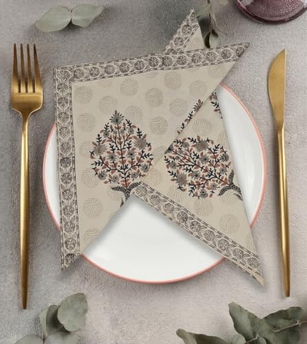 Image of BLOCKS OF INDIA Hand Block Print Cotton Table Napkin Set of 6 (Brown BUTA)