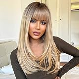 HAIRCUBE Long Blonde Wigs for Women Straight Synthetic Layered Wig with Bangs and Dark Roots
