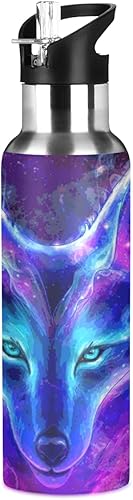Wolf Galaxy - Botella de agua para niños, termo con tapa con pajilla, diseño de lobo con aislamiento de galaxia, de acero inoxidable, para deportes,