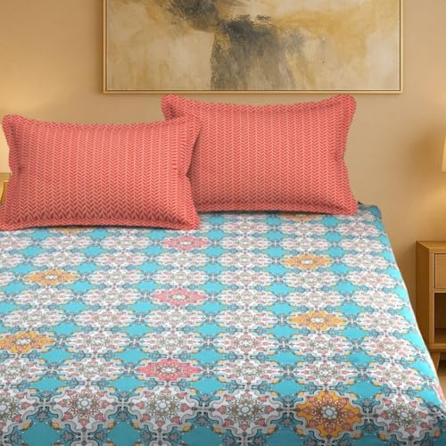 Image of Mafatlal Luxe Lilac 140 GSM Elegant Bedsheet with 2 Pillow Cover for Double Bed and Queen Size, 90x100 Inch - Blue & Red, Premium Microfiber, Soft & Lightweight