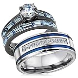 Bellux Style Romantic Blue Wedding Rings Set for Him and Her 3 pcs Stainless Steel CZ Men and Women Couples Rings