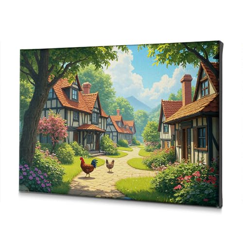 Toile décorative vintage paysage campagne et tableau poules au soleil 20x30