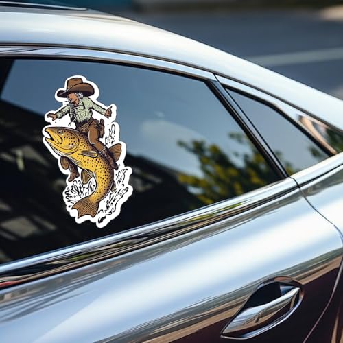 Image of Funny Fishing Bumper Sticker Decal for Car, Auto, Laptop - Trout Wrangler & Cowgirl Fly Fishing Design - Weatherproof Material