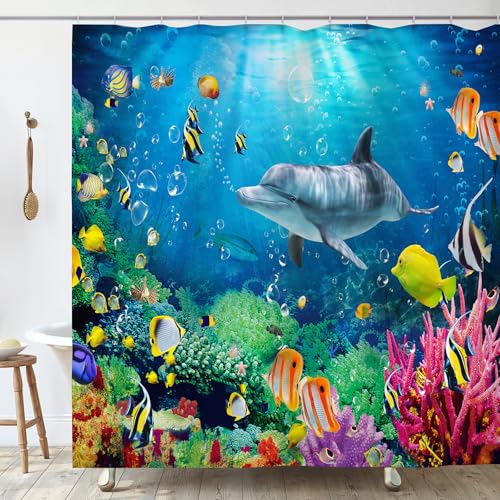OCEUMACO Rideau Douche Anti Moisissure 180x180 cm Dauphin Rideau de Douche Baignoire Tissu Imperméable Polyester Poisson Océan Coloré Rideaux Salle de Bain...
