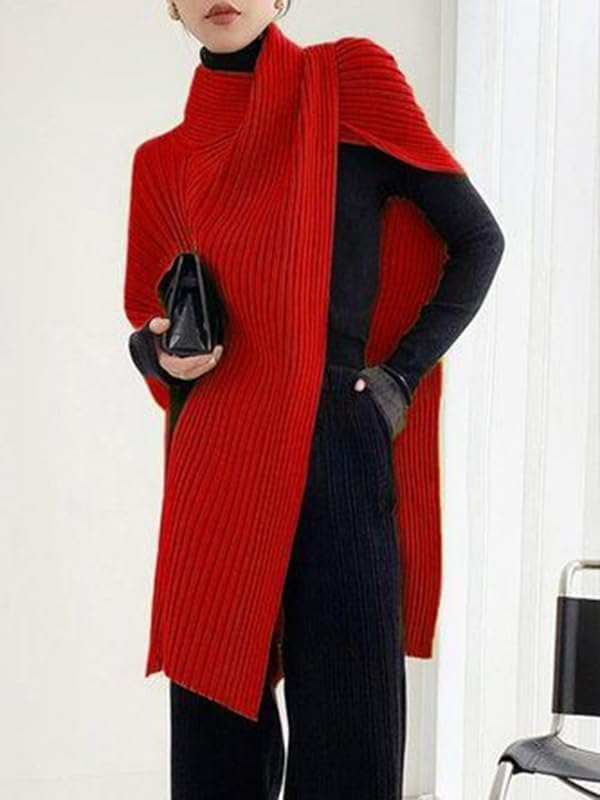 UOOZEE Women's Ribbed Knit Turtleneck Sweater Poncho Asymmetrical Festive Holiday Party Pullover Tops Soft Cape Shawl Fashion