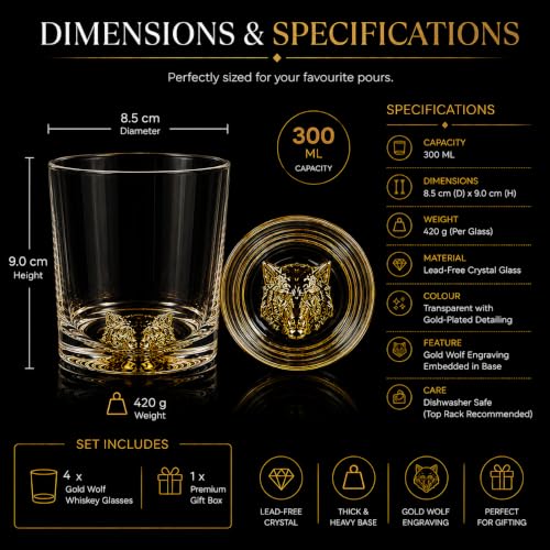 Image of Melbify Wolf Whiskey Glass | 300 ml | Set of 4 | Animal Whiskey Glasses | Golden Whisky Glass | Premium | Unique | Big | Broad | Round with Thick Bottom