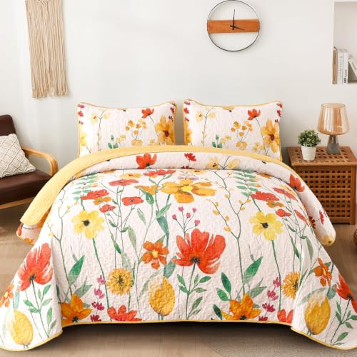 Anibedding Floral Quilt Set Twin, 3 Pieces Yellow Lightweight Bedspread