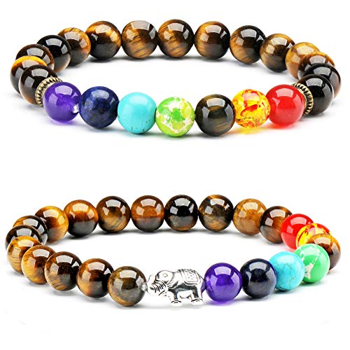 Senlinmu 2 x Bracelet Pierres Semi-précieuses Oeil de Tigre Bracelet 7 Chakra Yoga équilibrage Reiki éléphant Porte Bonheur Bracelet Cover